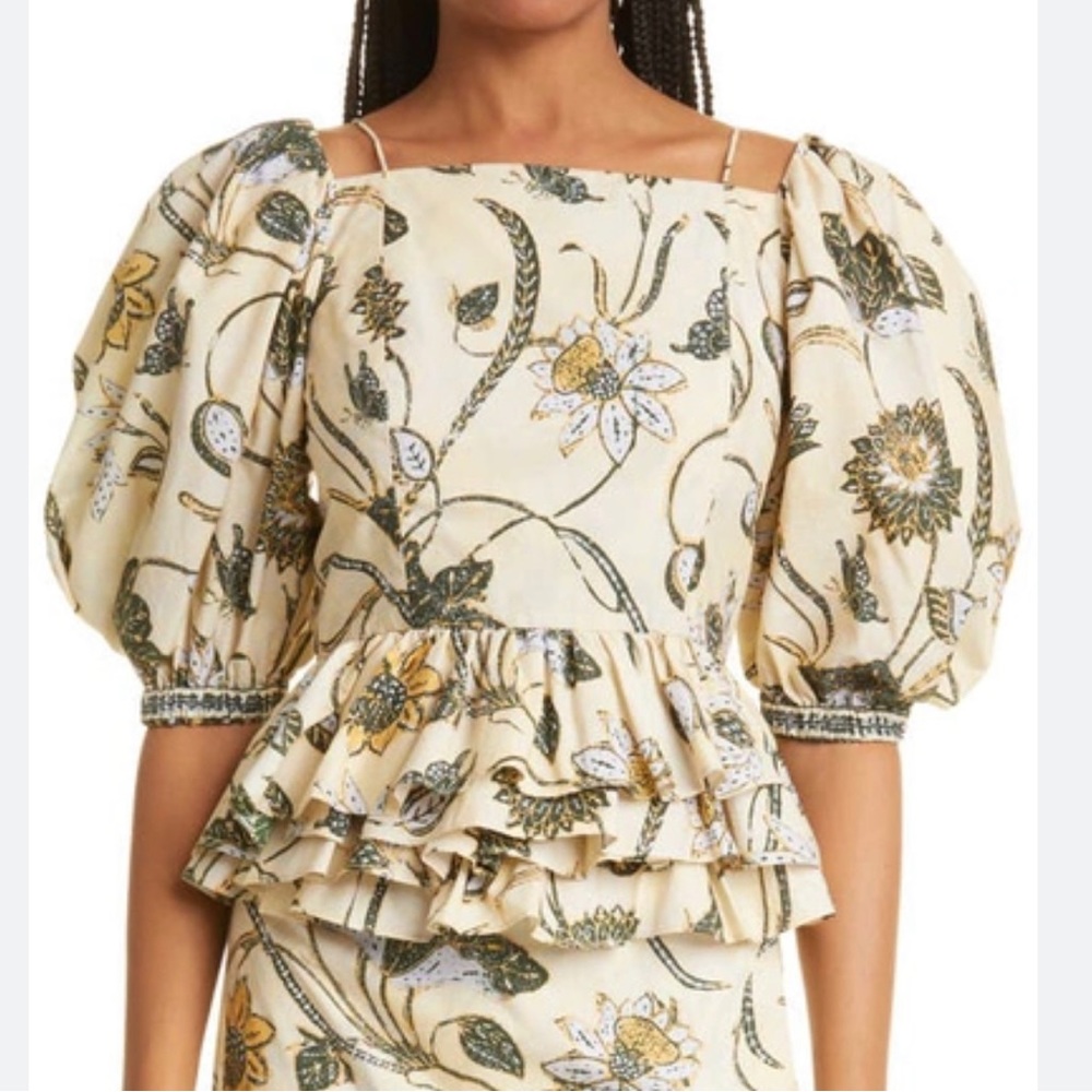 Ulla Johnson Cream Floral Puff-Sleeve Blouse with Ruffle Peplum